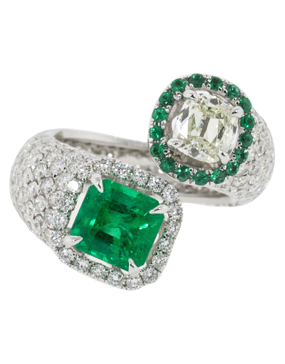 FRED LEIGHTON-Emerald And Diamond Crossover Ring-WHITE GOLD