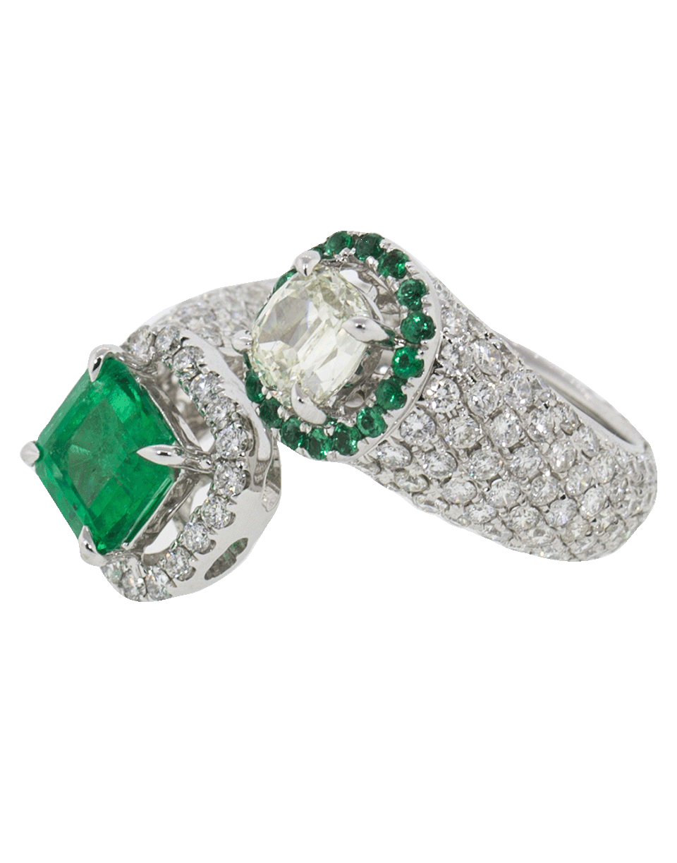 FRED LEIGHTON-Emerald And Diamond Crossover Ring-WHITE GOLD