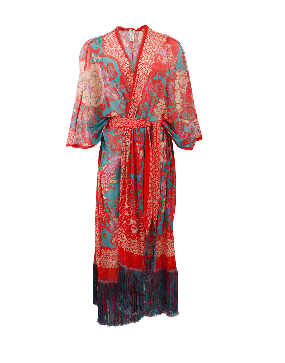 FUZZI-Dragon Print Fringe Kimono-FUXIA
