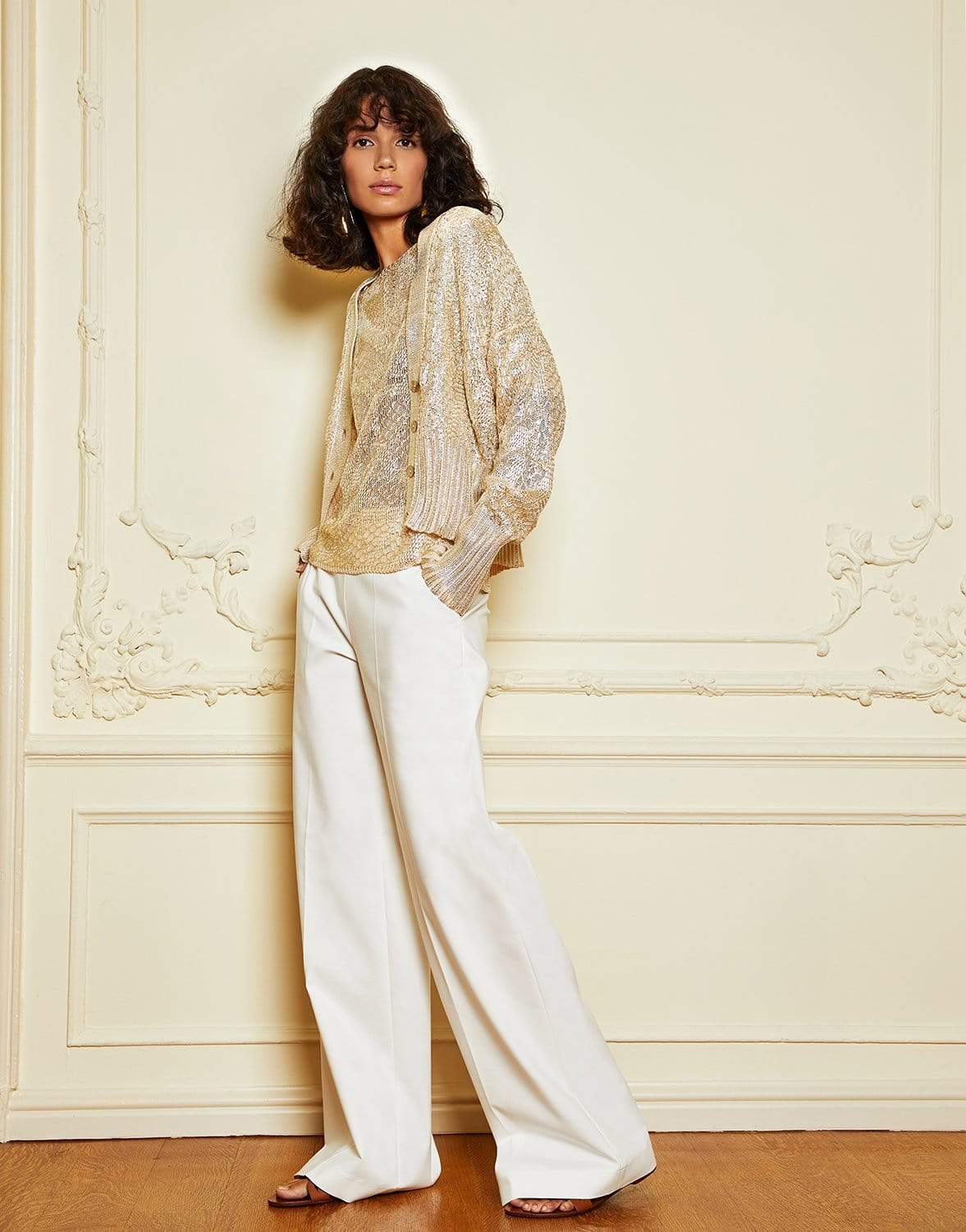 FUZZI-Long Sleeve Button Front Metallic Cardigan-
