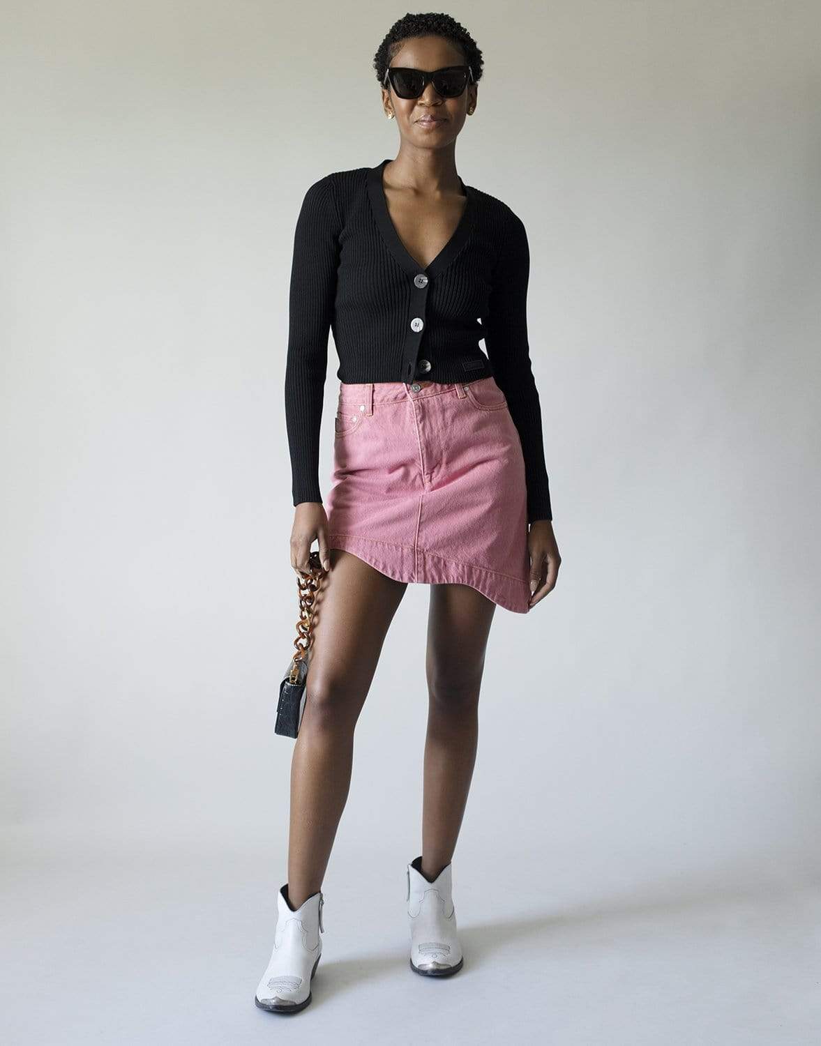 GANNI-Pink Denim High-Waisted Asymmetrical Mini Skirt-