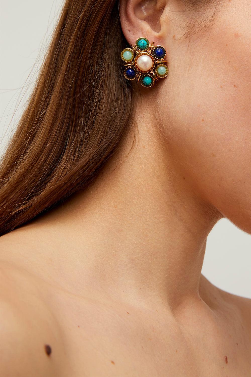 Turquoise Lapis Pearl Augusta Stud Earrings-BLUE-JEWELRYBOUTIQUEEARRING-GAS BIJOUX