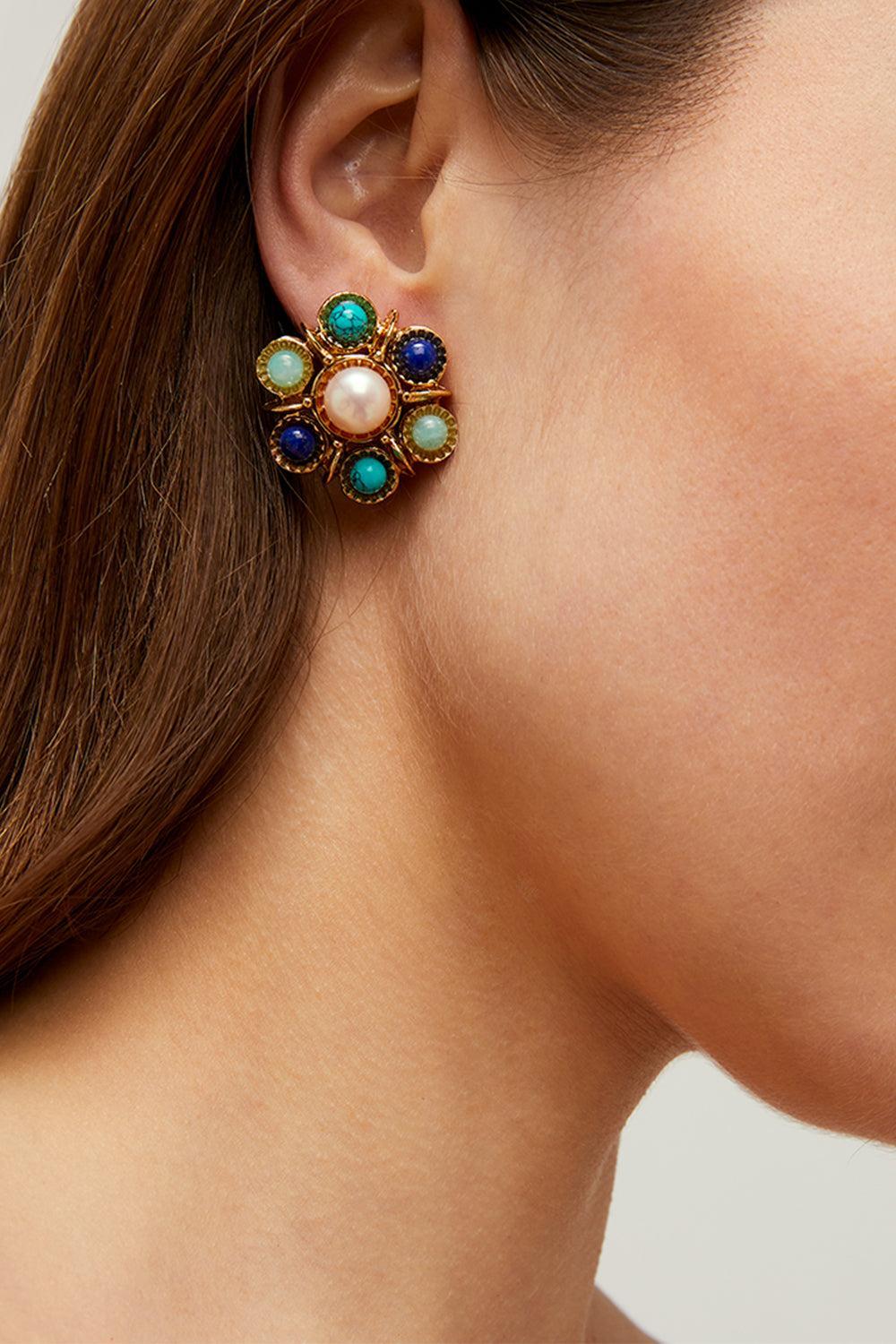 Turquoise Lapis Pearl Augusta Stud Earrings-BLUE-JEWELRYBOUTIQUEEARRING-GAS BIJOUX