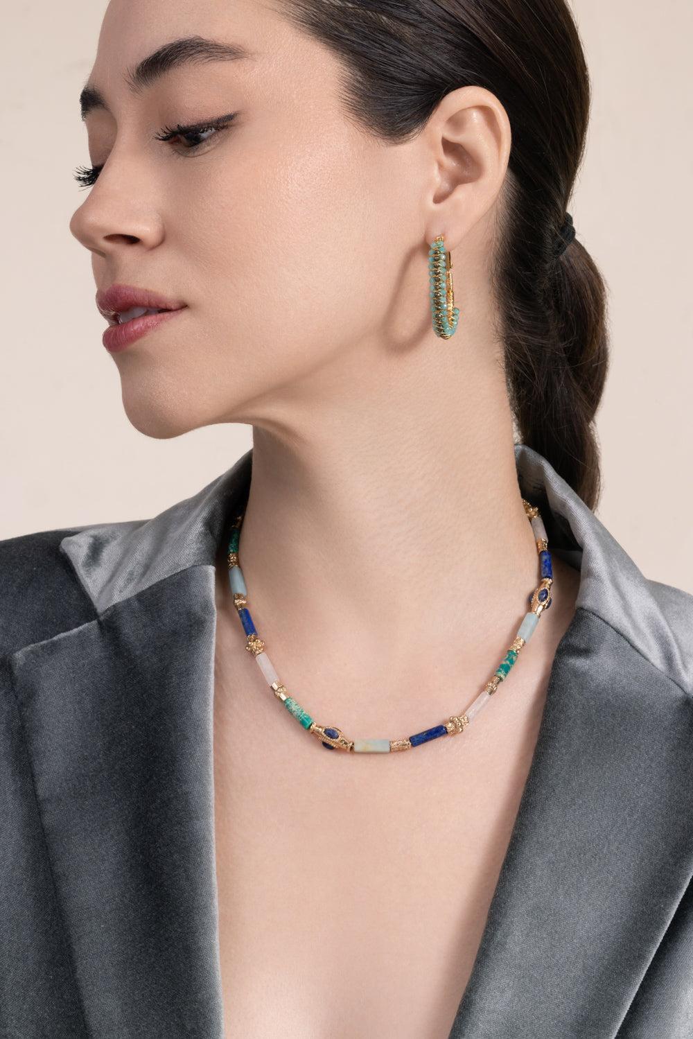 Turquoise Pink Quartz Kali Necklace-BLUE-JEWELRYBOUTIQUENECKLACE O-GAS BIJOUX