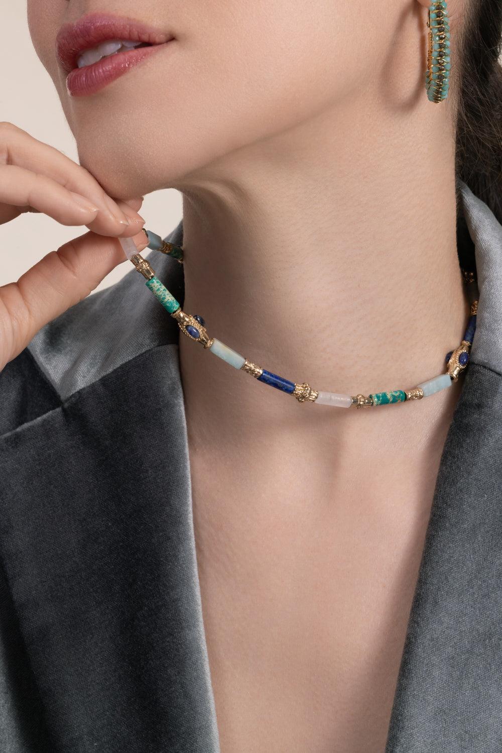 Turquoise Pink Quartz Kali Necklace-BLUE-JEWELRYBOUTIQUENECKLACE O-GAS BIJOUX