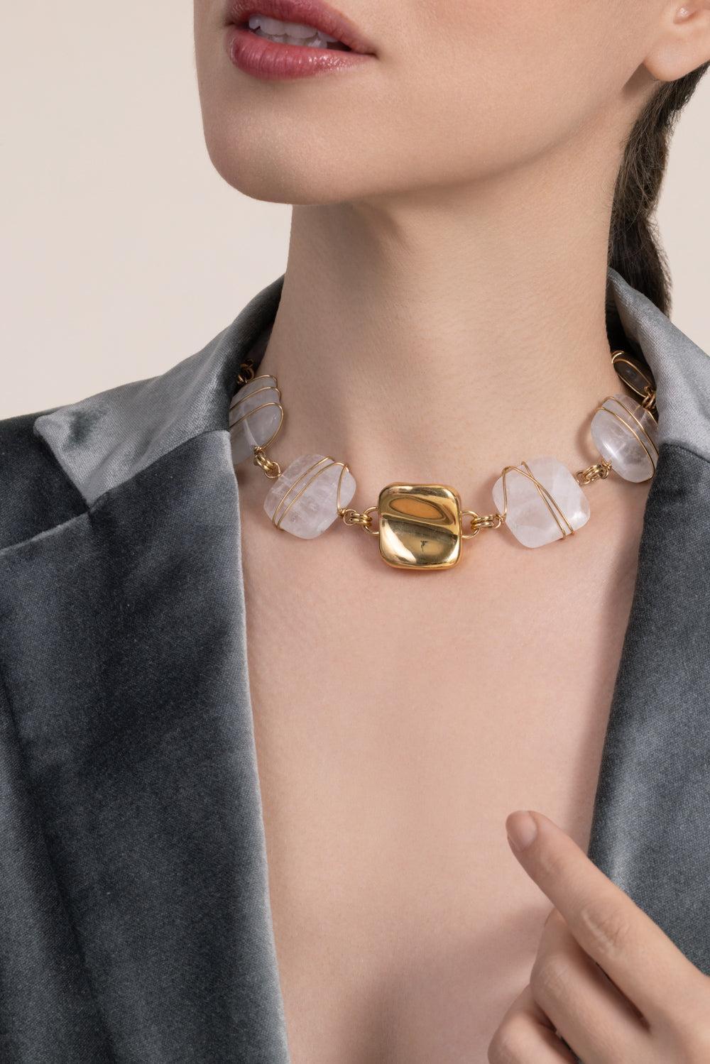 Carnelian Amazonite Small Rainbow Square Necklace-YELLOW-JEWELRYBOUTIQUENECKLACE O-GAS BIJOUX