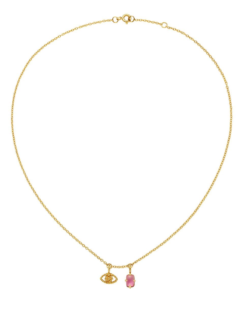 GAYA-Pink Tourmaline and Eye Charm Necklace-YELLOW GOLD