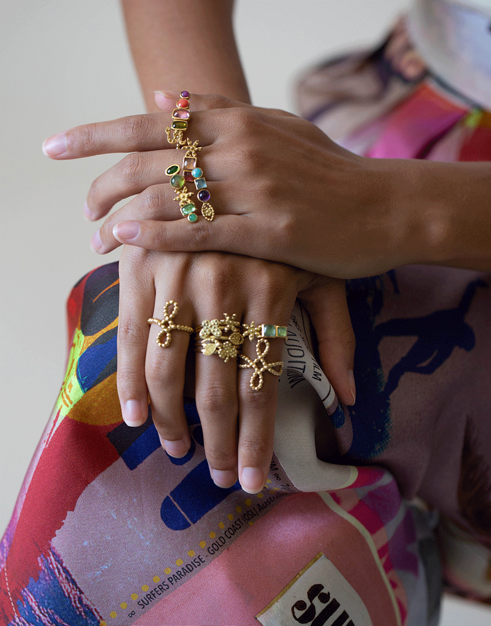 GAYA-Four Stone and Flower Ring-YELLOW GOLD