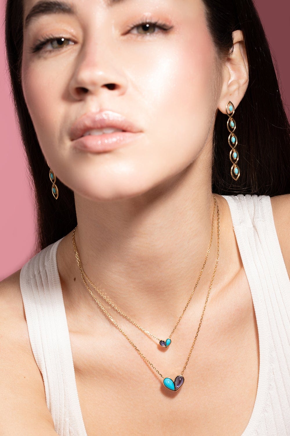 GEMELLA JEWELS-Jumbo Turquoise and Sapphire Sweetheart Necklace-YELLOW GOLD