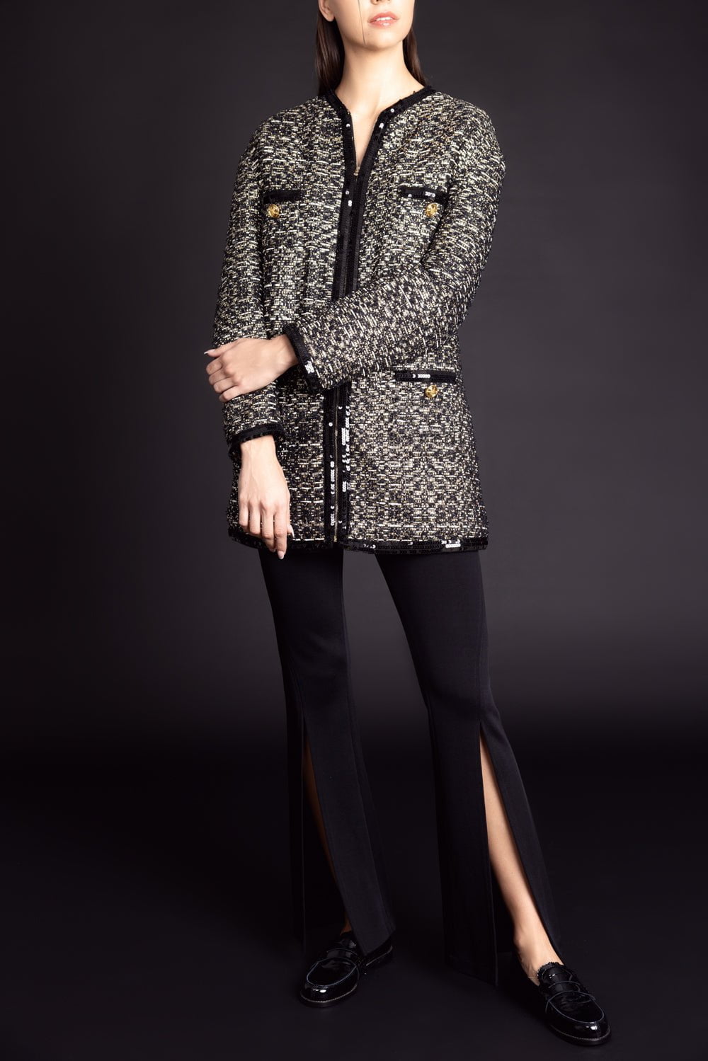 GIAMBATTISTA VALLI-Boucle Tweed Long Coat-BLK/GLD