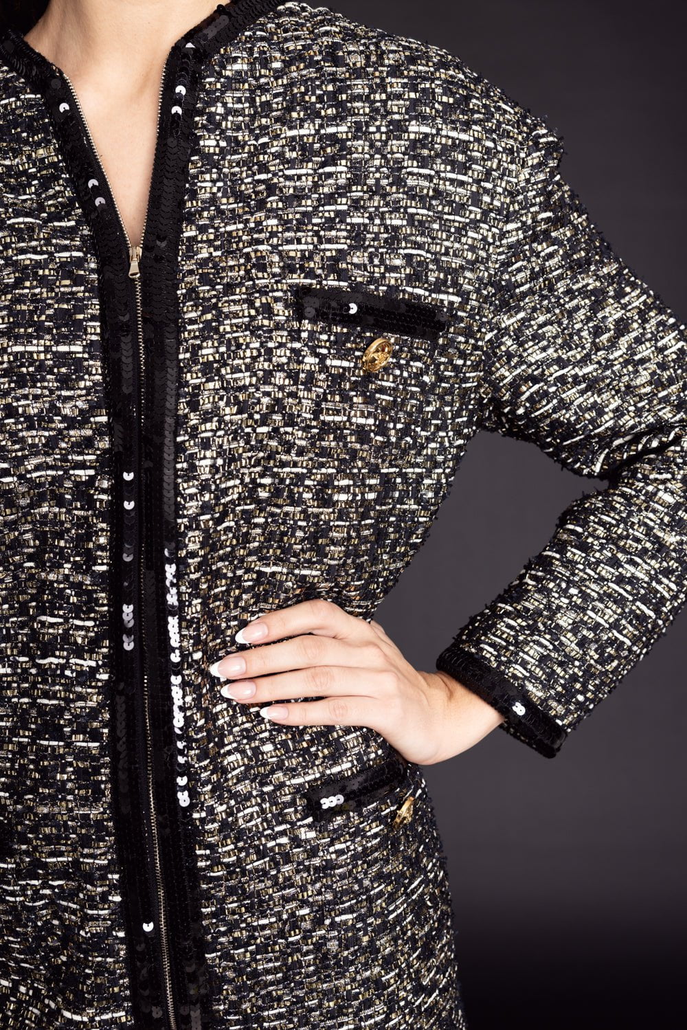 GIAMBATTISTA VALLI-Boucle Tweed Long Coat-BLK/GLD