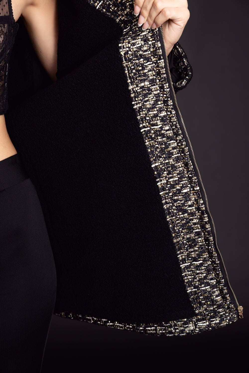 GIAMBATTISTA VALLI-Boucle Tweed Long Coat-BLK/GLD