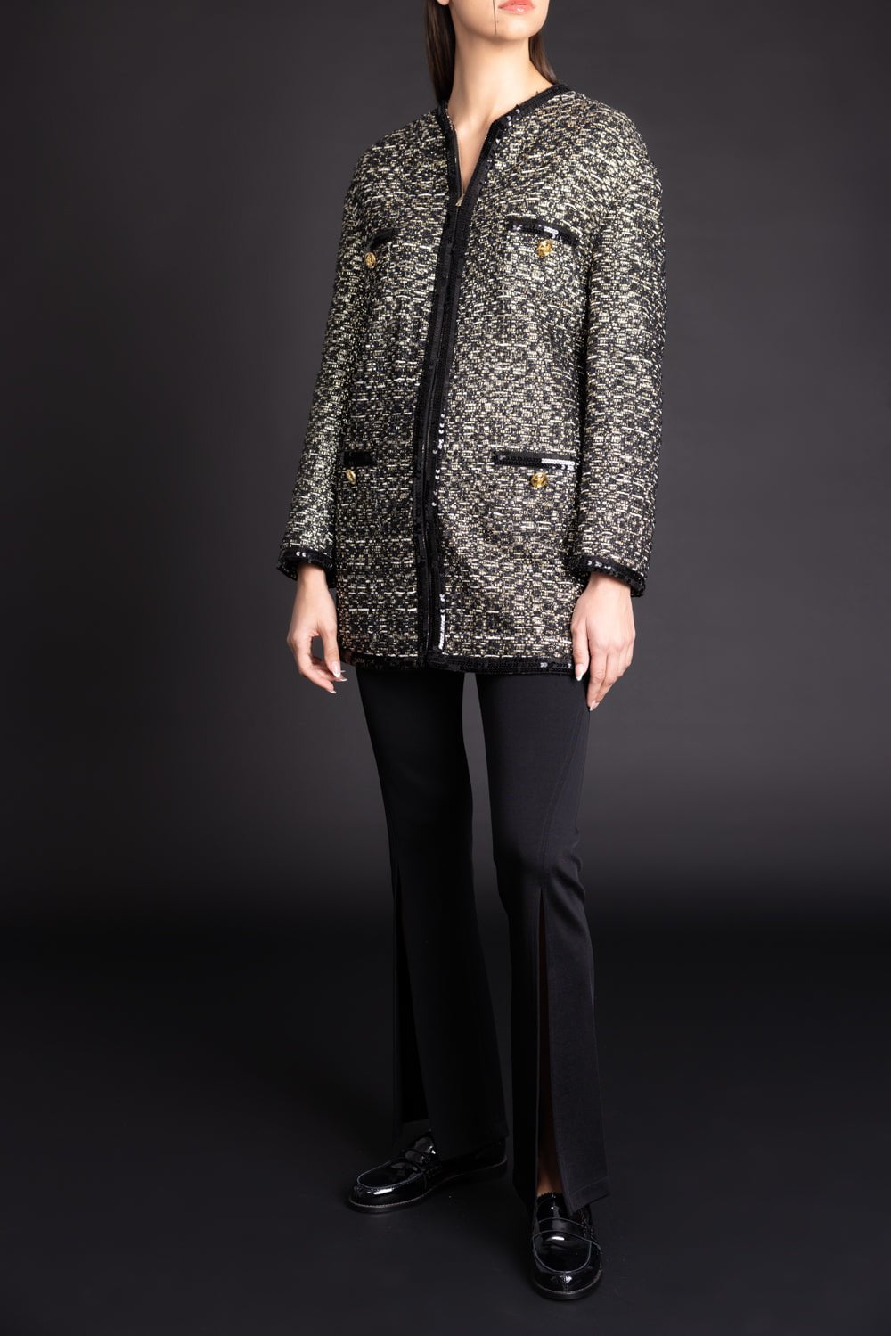 GIAMBATTISTA VALLI-Boucle Tweed Long Coat-BLK/GLD