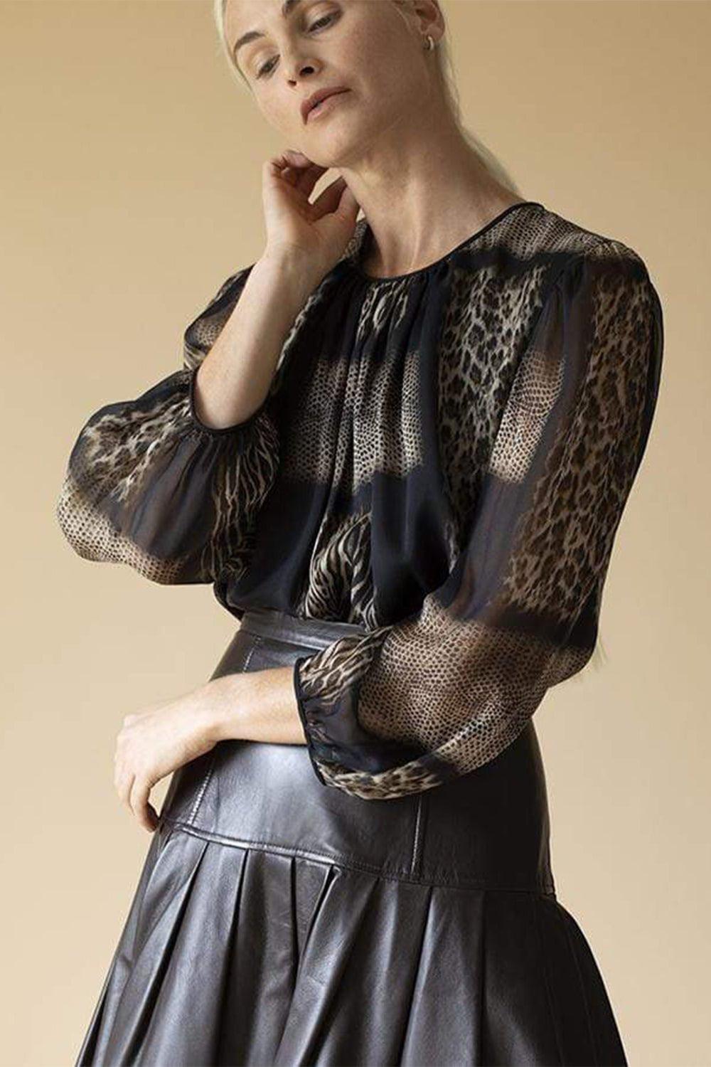 GIAMBATTISTA VALLI-Snake and Leopard Patchwork Blouse-BROWN