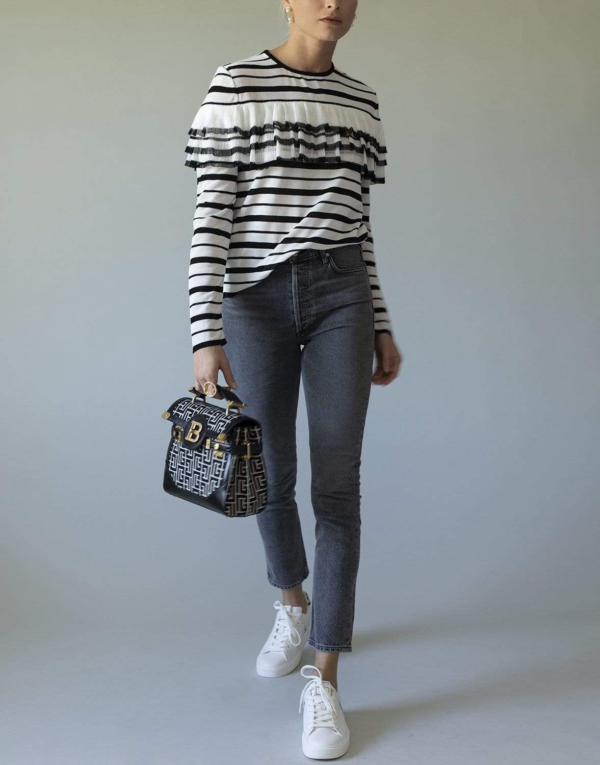 GIAMBATTISTA VALLI-Striped Ruffle Knit Pullover Top-