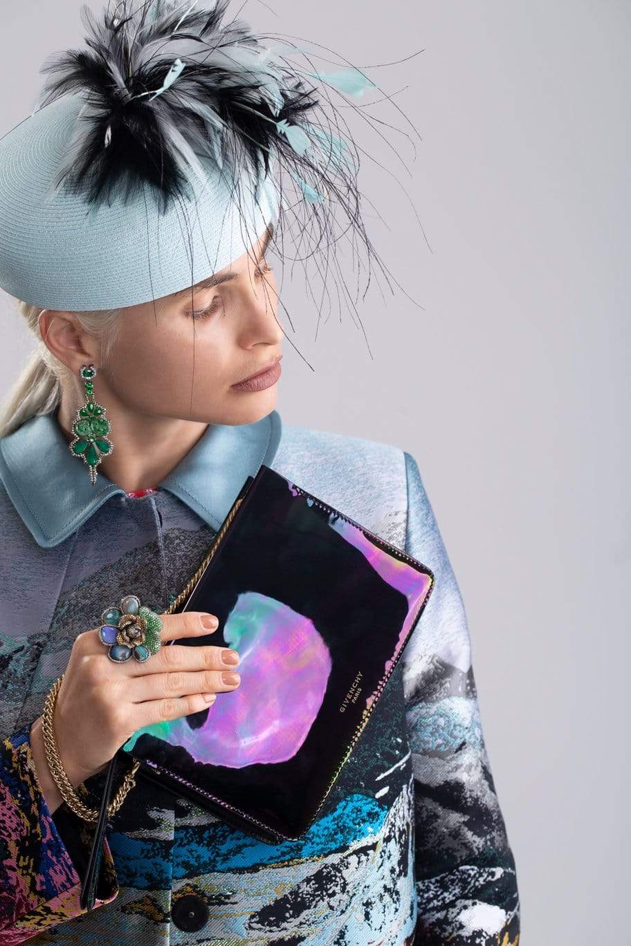 GIGI BURRIS MILLINERY-Satin Hat with Feathers-SKY