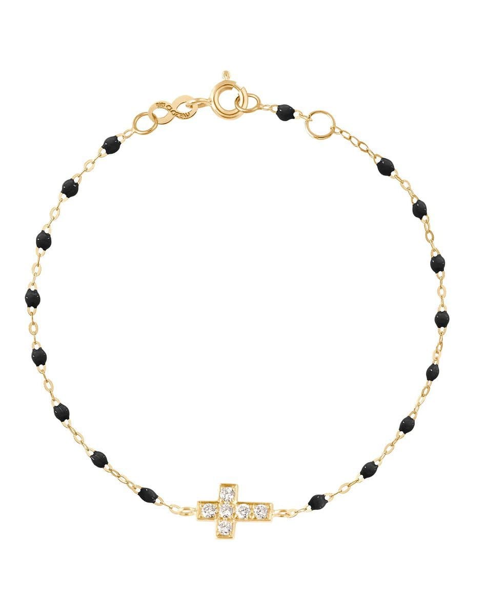 GIGI CLOZEAU-Black Cross Charm Diamond Bracelet-YG/BLK
