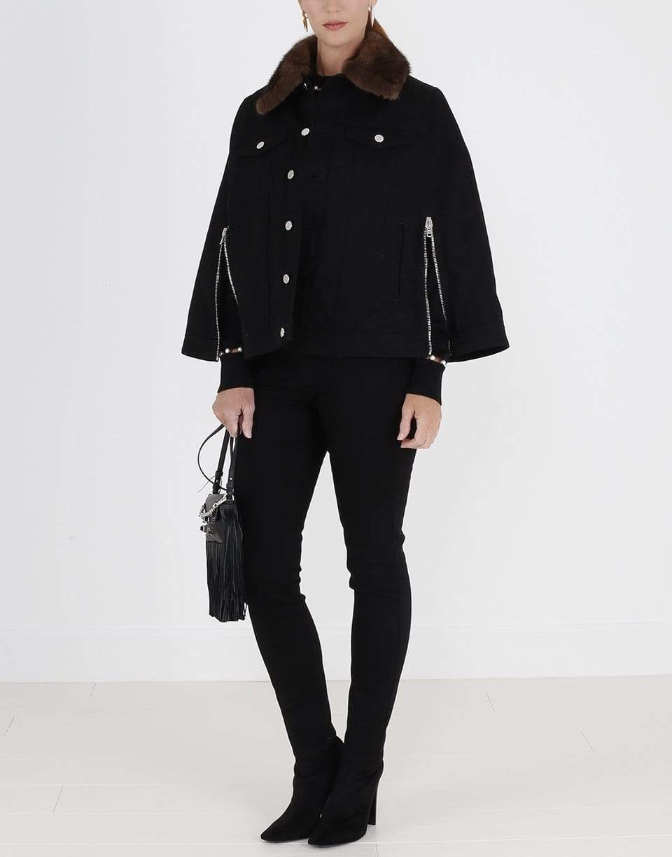 GIVENCHY-Mink Collar Denim Cape-