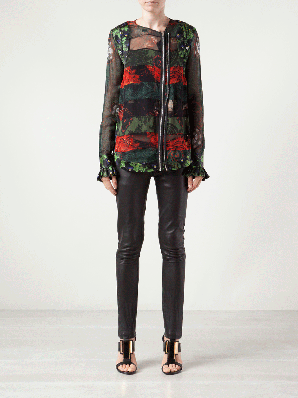 GIVENCHY-Long Sleeve Sheer Print Asymmetrical Zip Blouse-