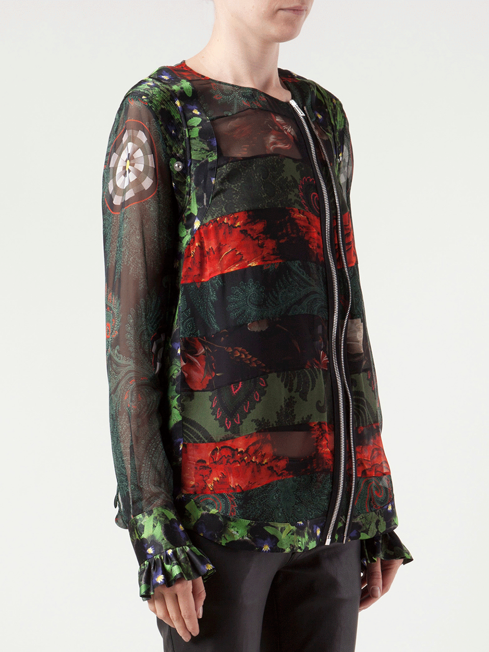 GIVENCHY-Long Sleeve Sheer Print Asymmetrical Zip Blouse-