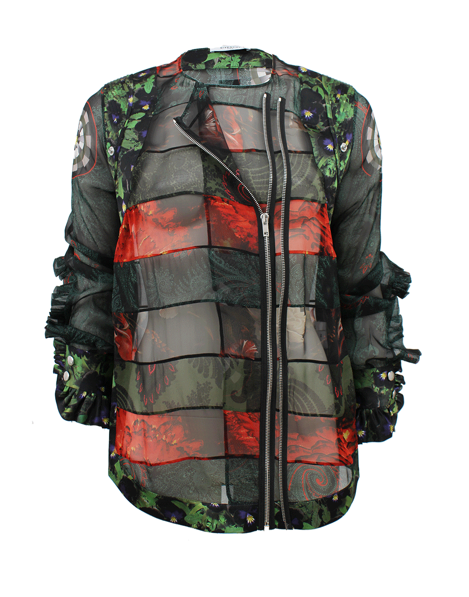 GIVENCHY-Long Sleeve Sheer Print Asymmetrical Zip Blouse-