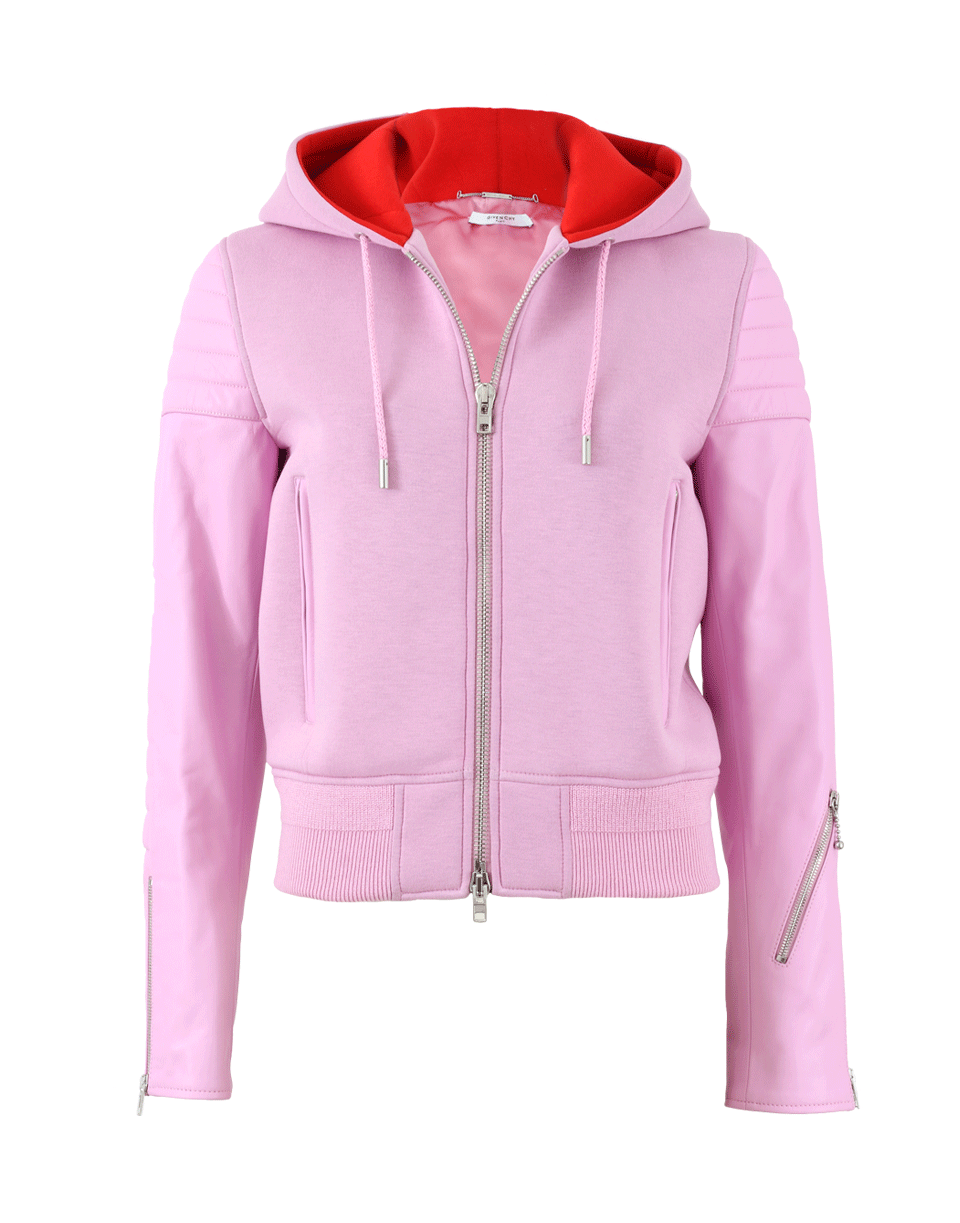 GIVENCHY-Leather Sleeve Hoodie-PINK/RED