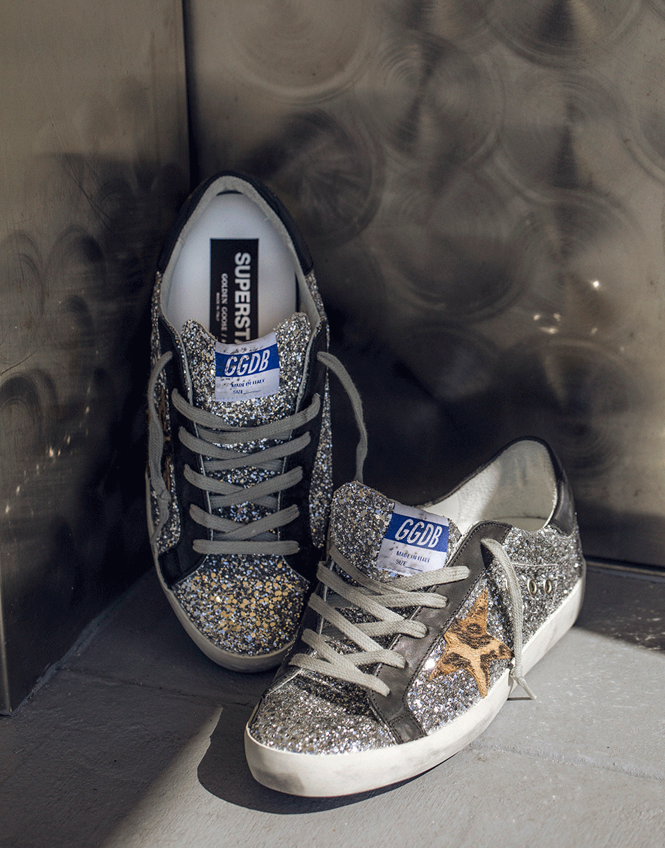 GOLDEN GOOSE-Silver and Beige Brown Superstar Glitter Upper Sneaker-