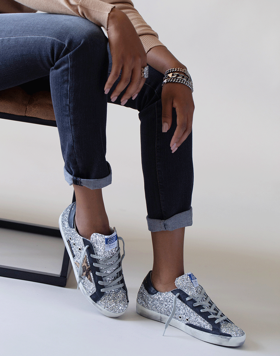 GOLDEN GOOSE-Silver and Beige Brown Superstar Glitter Upper Sneaker-