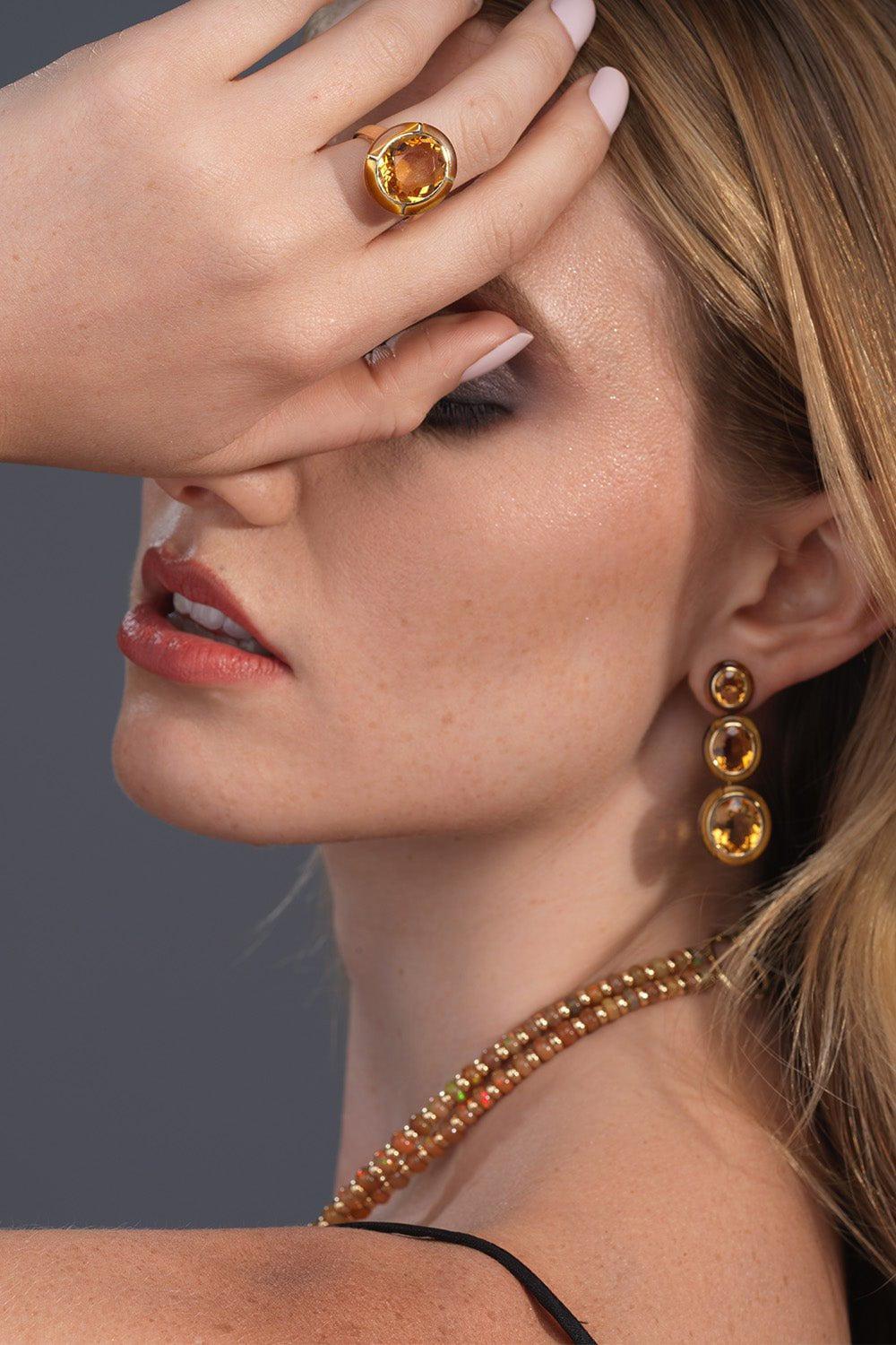GOSHWARA-Melange Three Tier Oval Citrine Tiger Eye Earrings-YELLOW GOLD