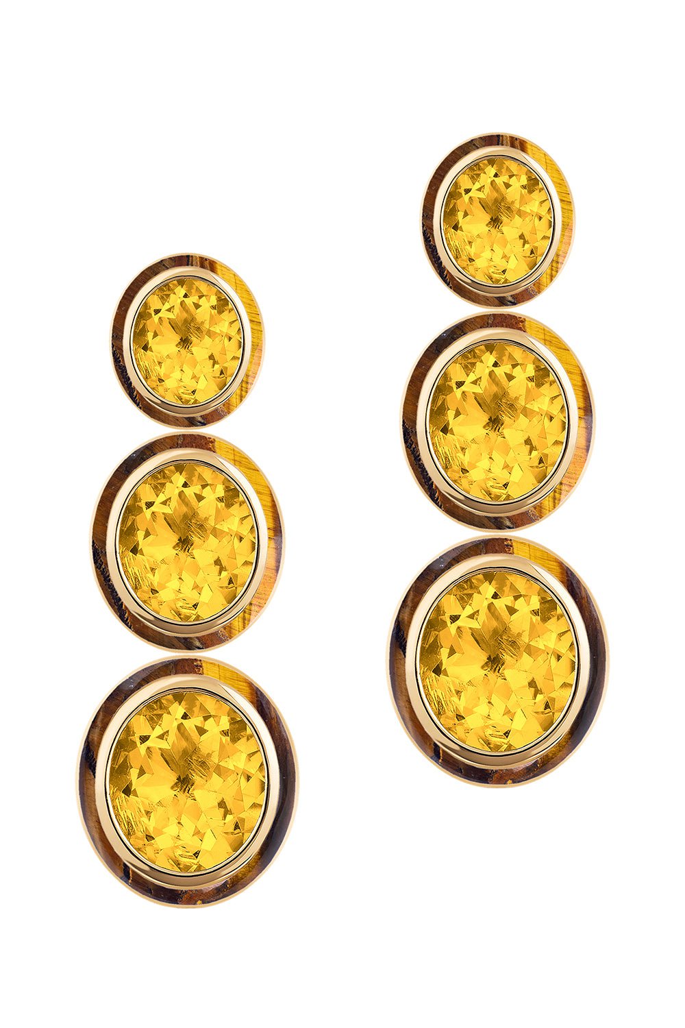 GOSHWARA-Melange Three Tier Oval Citrine Tiger Eye Earrings-YELLOW GOLD