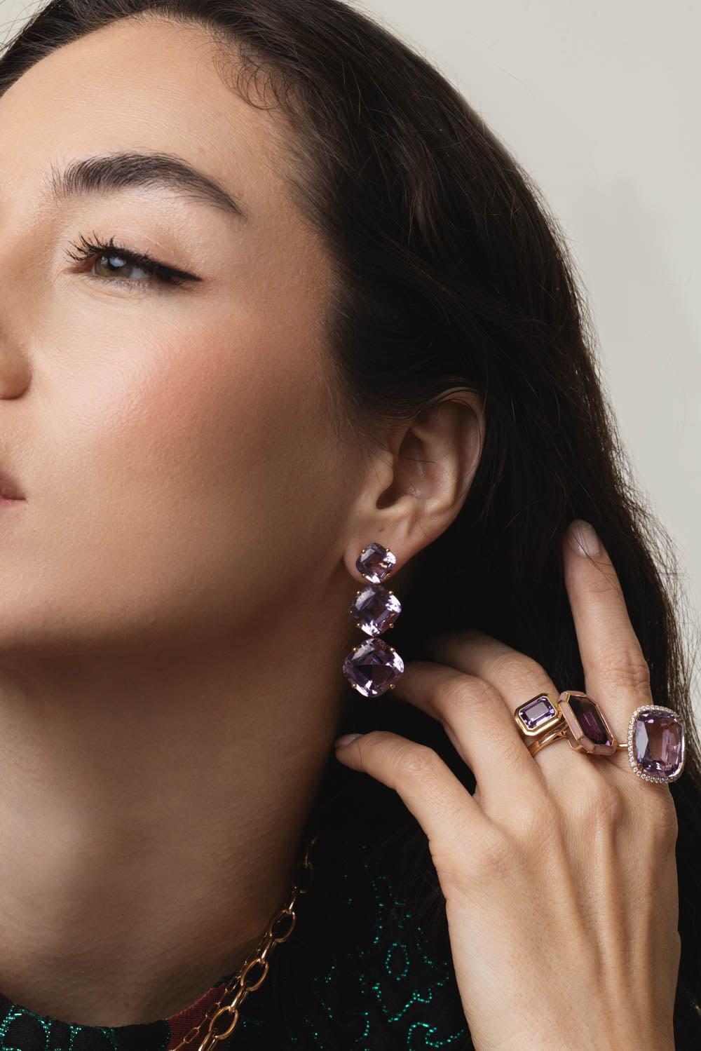 GOSHWARA-Gossip Three Drop Amethyst Lavender Earrings-ROSE GOLD