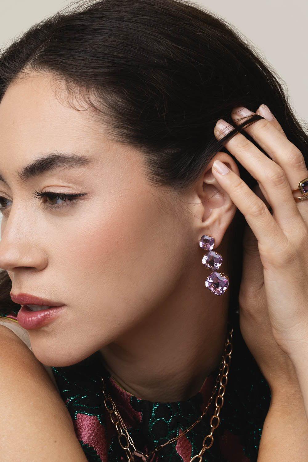 GOSHWARA-Gossip Three Drop Amethyst Lavender Earrings-ROSE GOLD