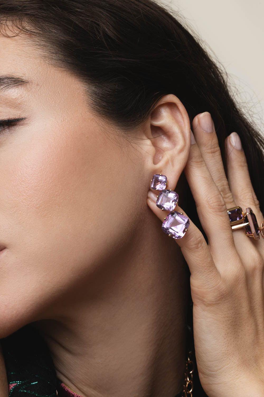 GOSHWARA-Gossip Three Drop Amethyst Lavender Earrings-ROSE GOLD