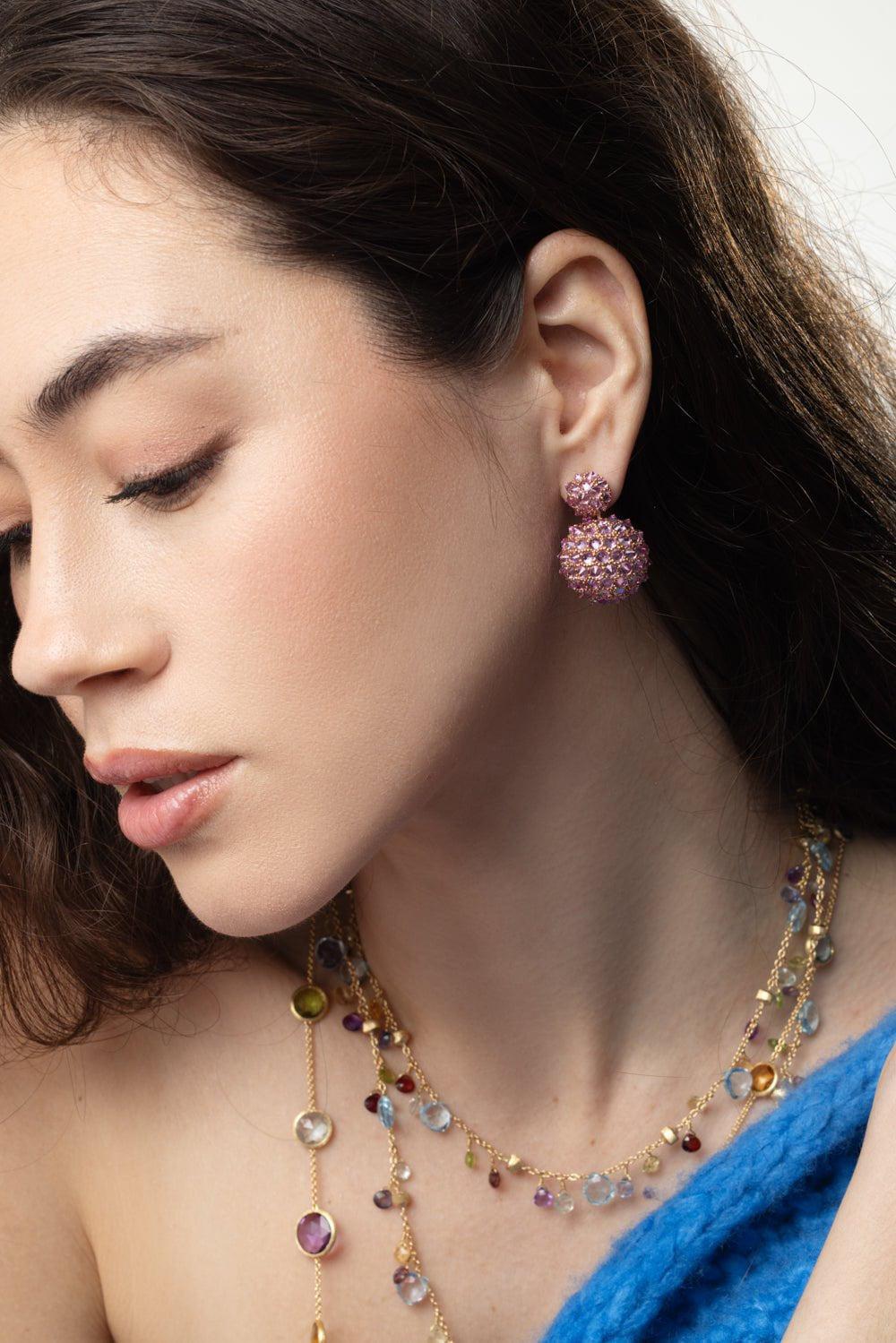 GOSHWARA-Pink Sapphire Double Ball Drop Earrings-ROSE GOLD