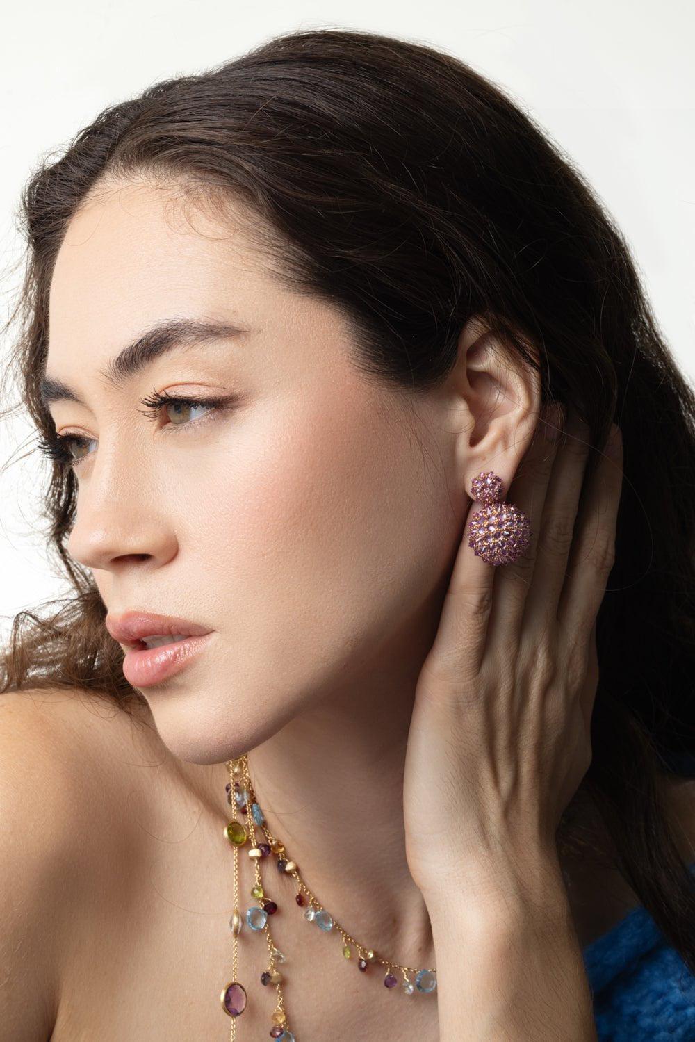 GOSHWARA-Pink Sapphire Double Ball Drop Earrings-ROSE GOLD