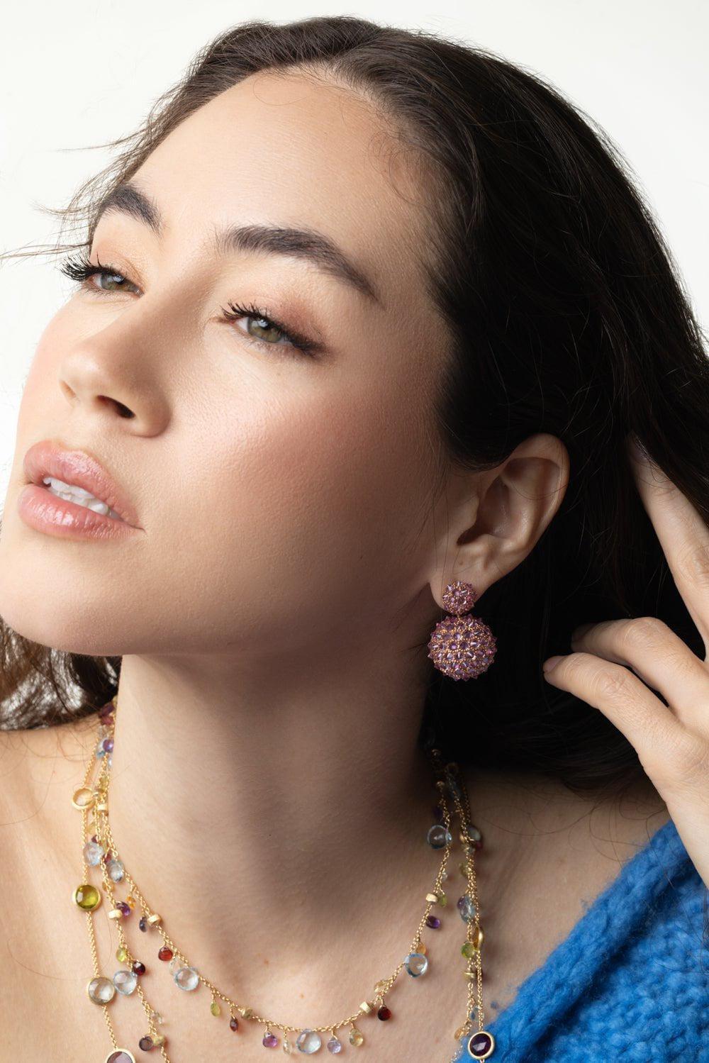 GOSHWARA-Pink Sapphire Double Ball Drop Earrings-ROSE GOLD