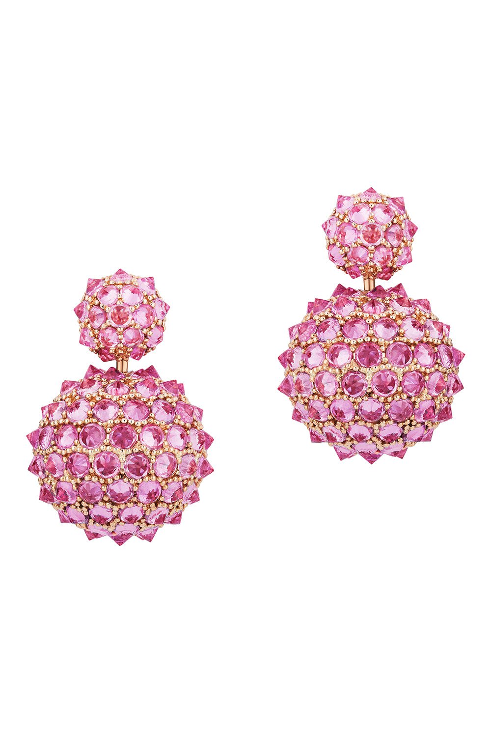 GOSHWARA-Pink Sapphire Double Ball Drop Earrings-ROSE GOLD