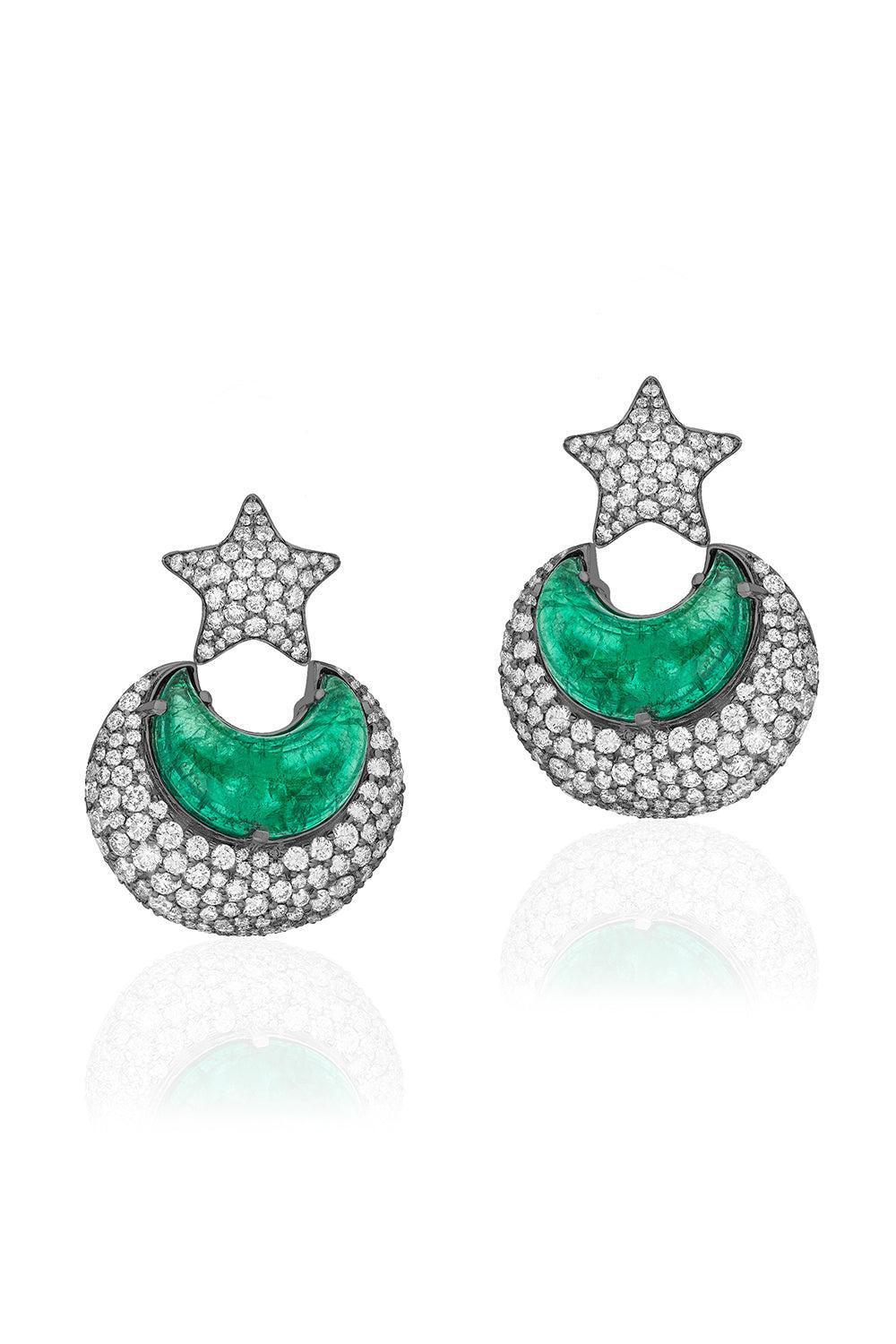 GOSHWARA-G-One Emerald Diamond Half Moon Earrings-WHITE GOLD