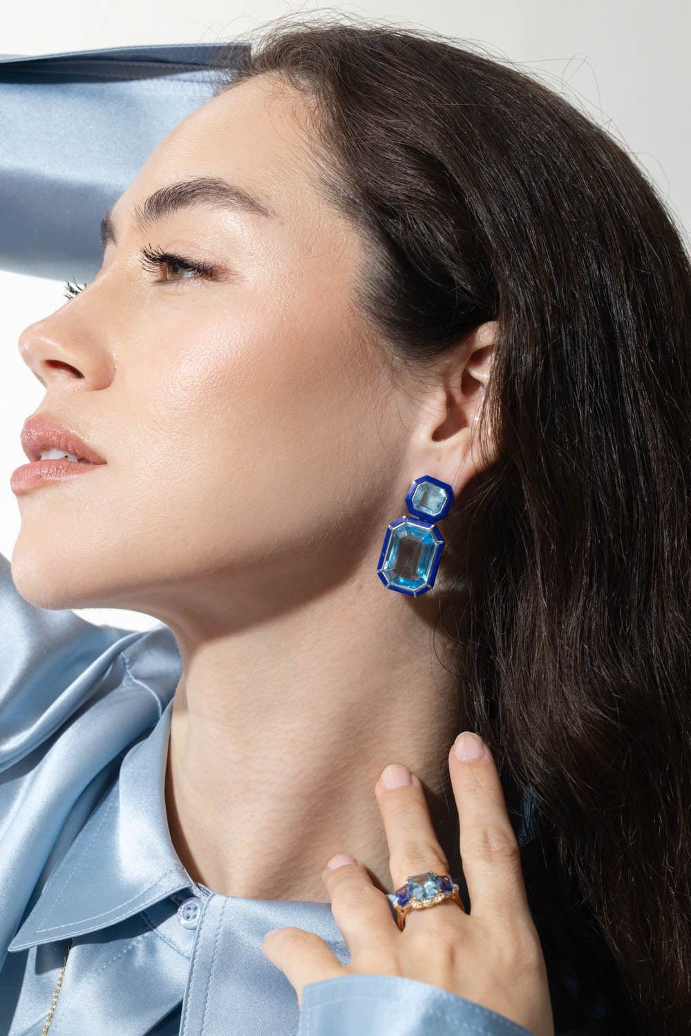 GOSHWARA-Melange Blue Topaz Lapis Earrings-WHITE GOLD
