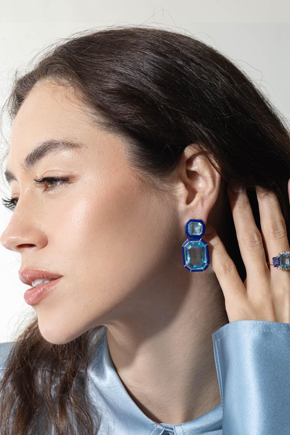 GOSHWARA-Melange Blue Topaz Lapis Earrings-WHITE GOLD