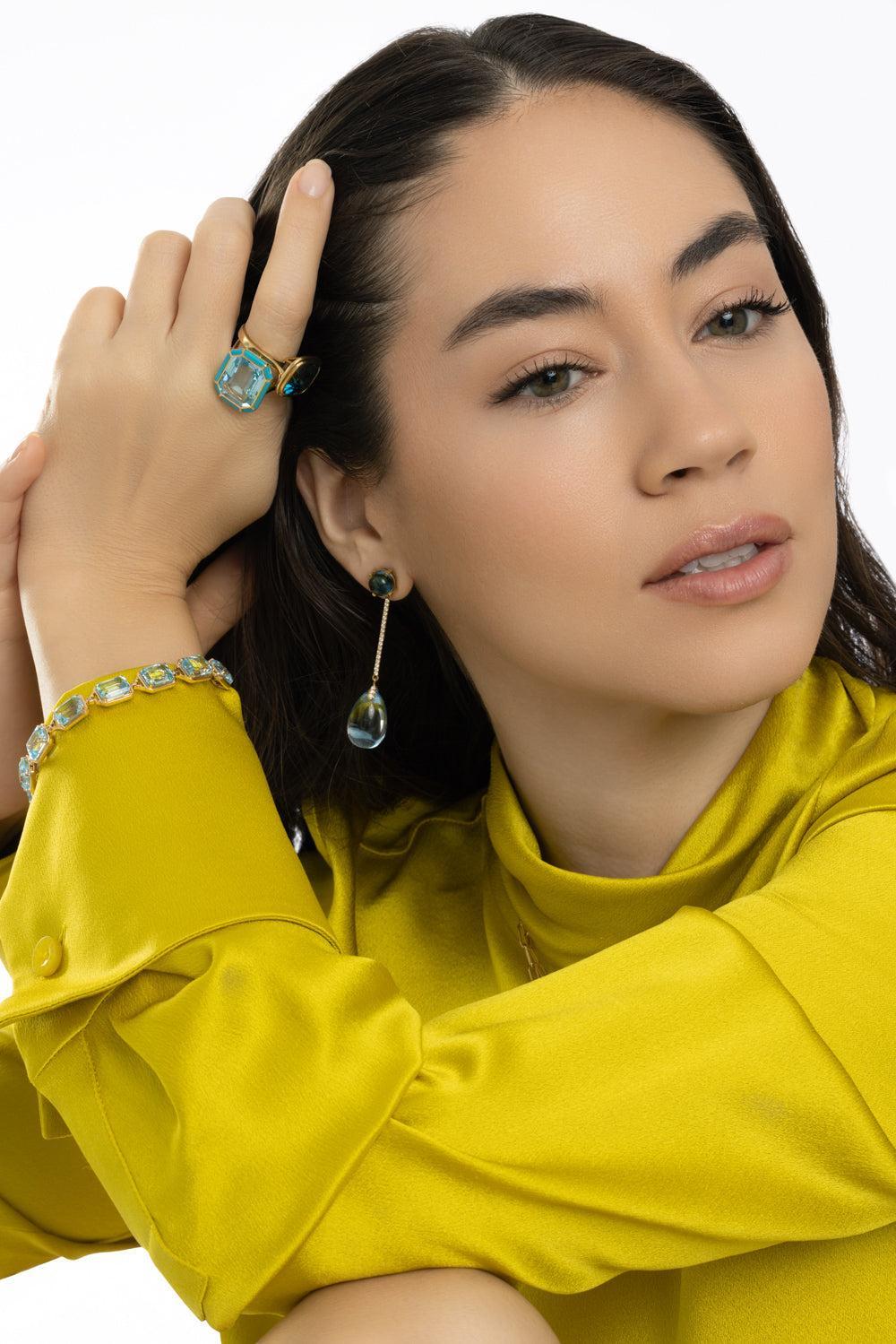 Blue Topaz Long Drop Naughty Earrings-YELLOW GOLD-JEWELRYFINE JEWELEARRING-GOSHWARA