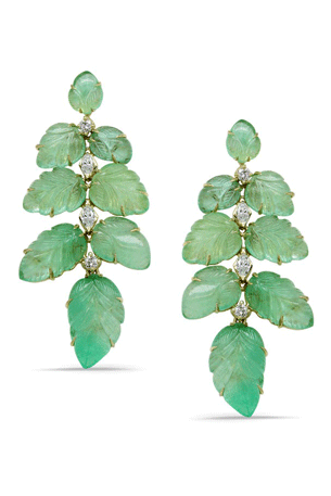 Diamond Carved Emerald Leaf Earrings-YELLOW GOLD-JEWELRYFINE JEWELEARRING-GOSHWARA