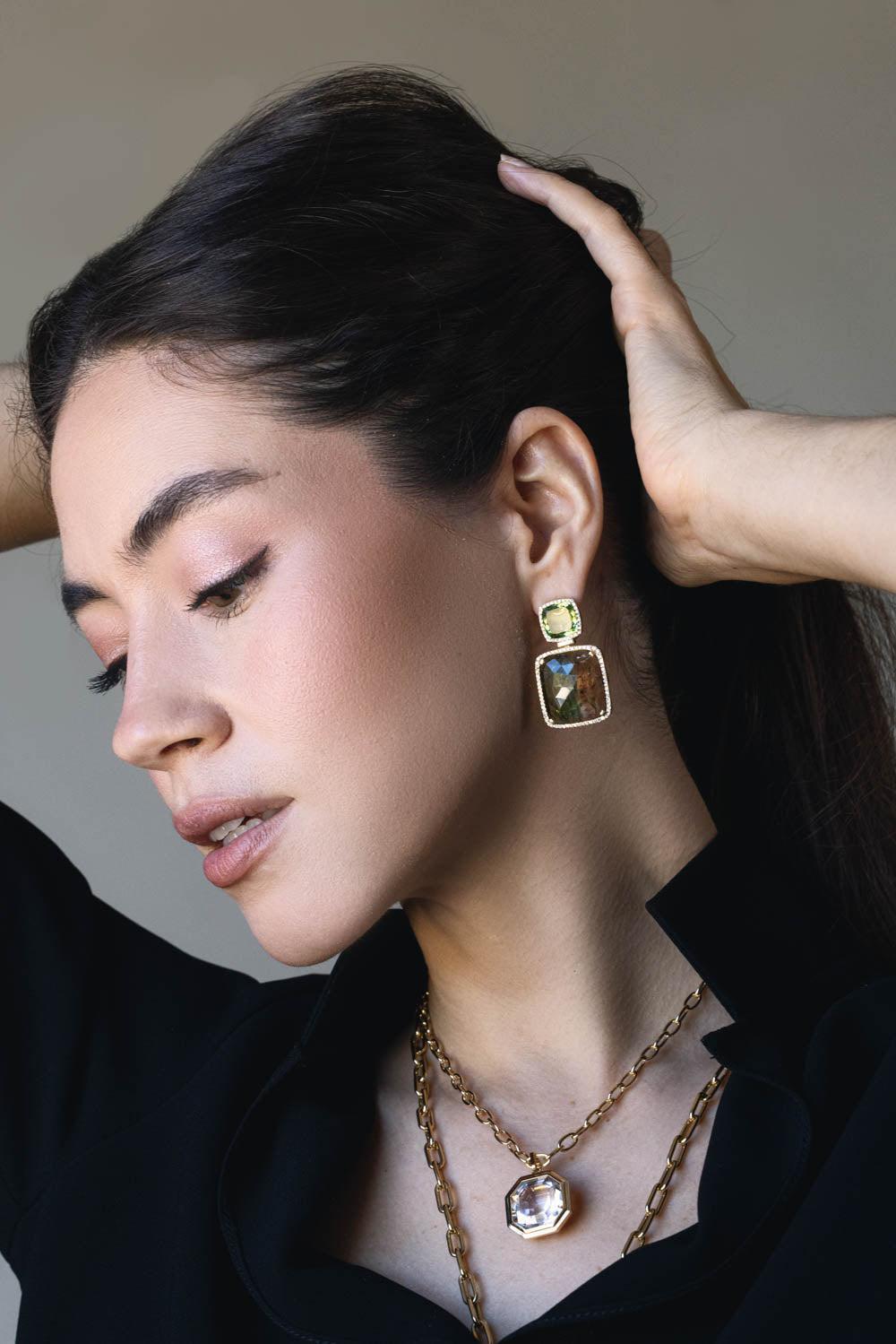 GOSHWARA-G-One Bi-Color Tourmaline Clip Earrings-YELLOW GOLD