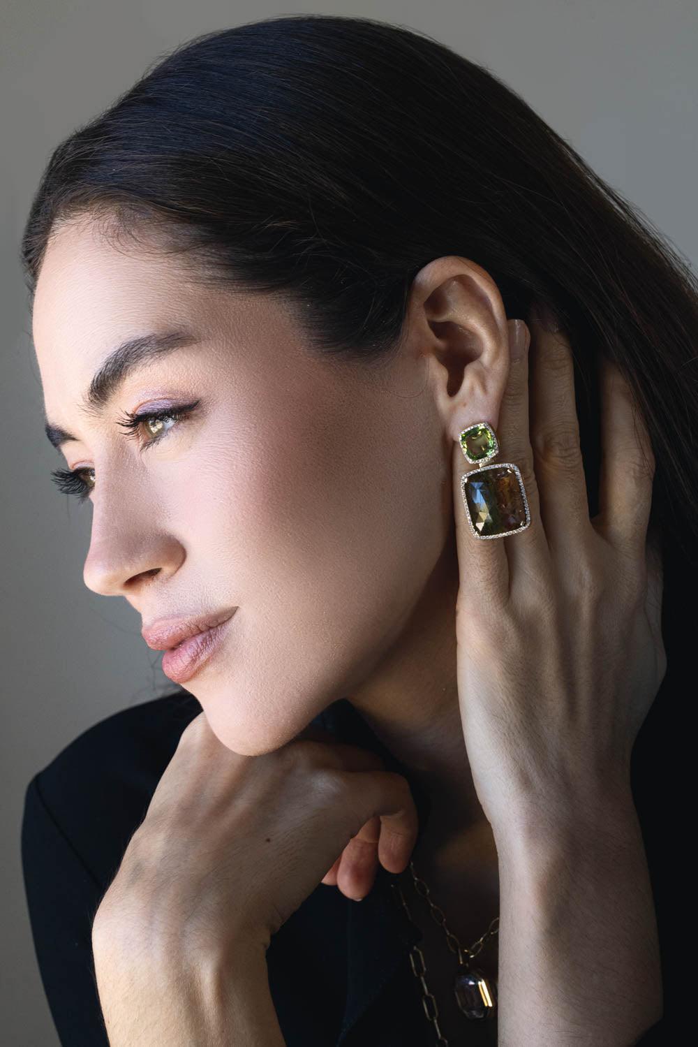 GOSHWARA-G-One Bi-Color Tourmaline Clip Earrings-YELLOW GOLD