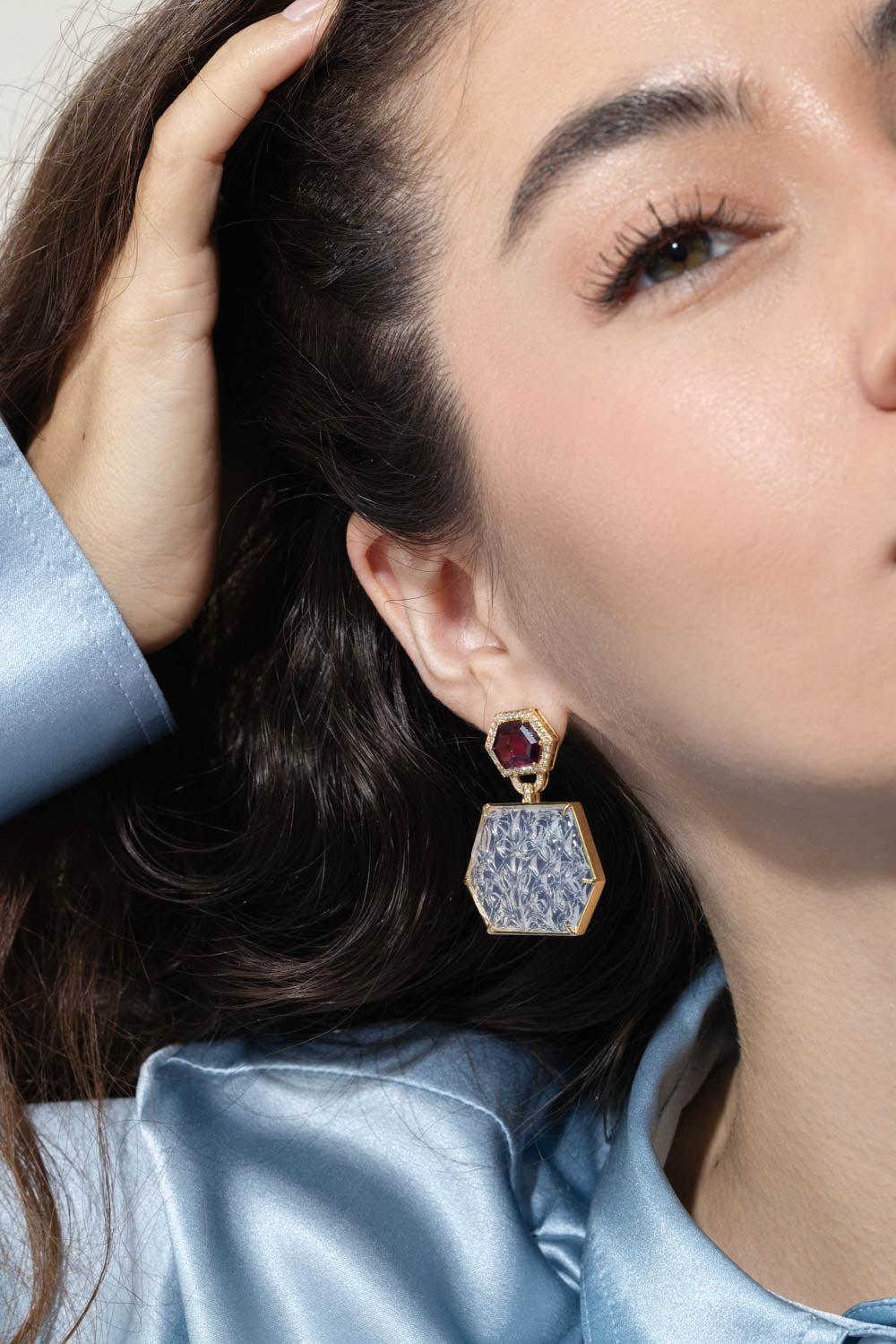 GOSHWARA-G-One Garnet Quartz Octagon Earrings-YELLOW GOLD