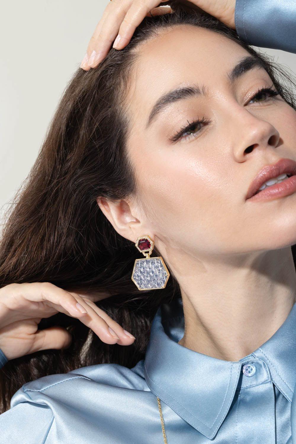 GOSHWARA-G-One Garnet Quartz Octagon Earrings-YELLOW GOLD