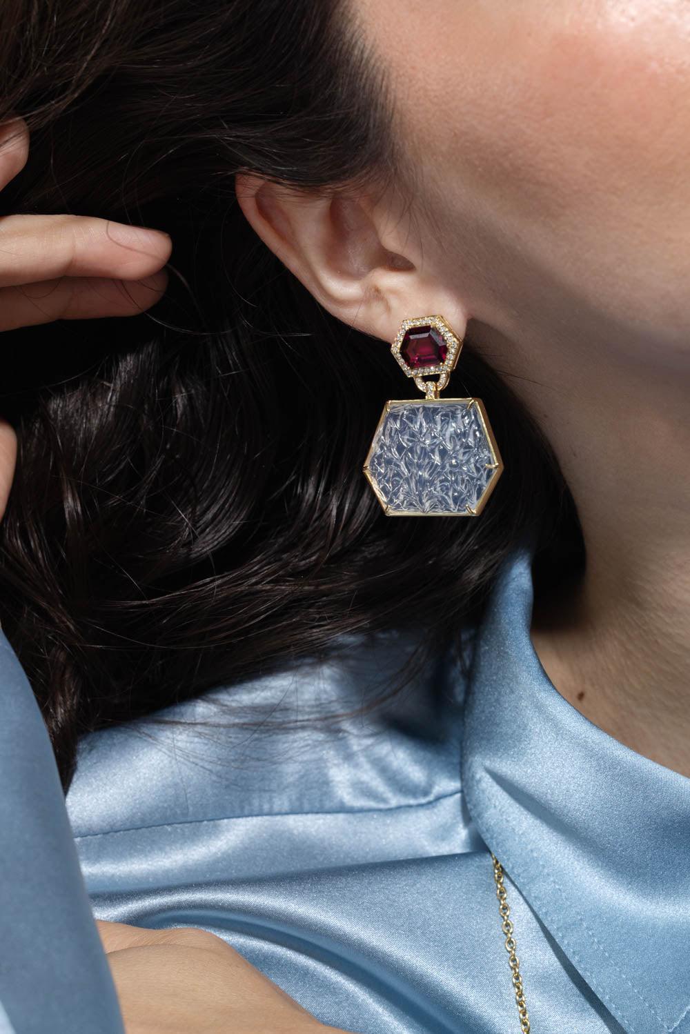 GOSHWARA-G-One Garnet Quartz Octagon Earrings-YELLOW GOLD