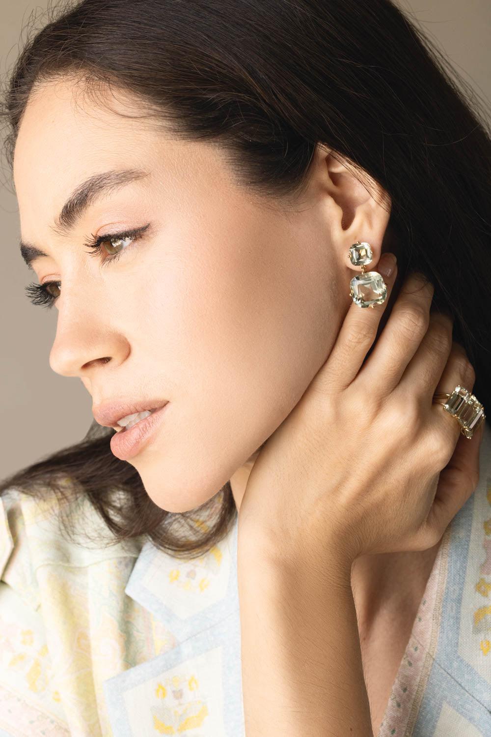 GOSHWARA-Gossip Prasiolite 2 Tier Cushion Earrings-YELLOW GOLD