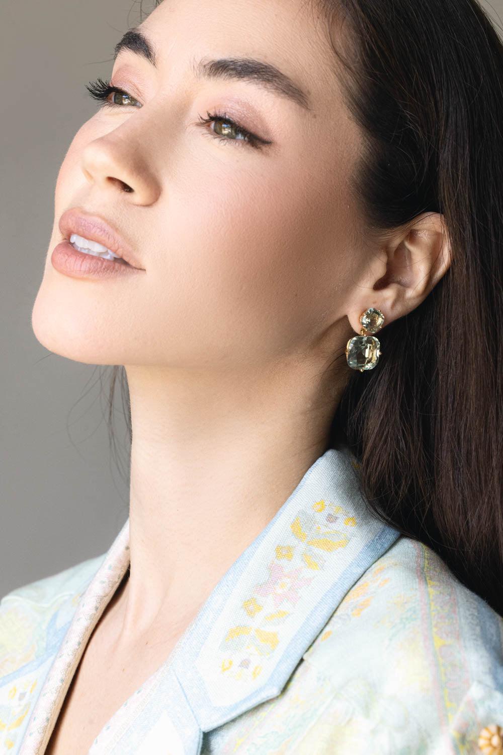 GOSHWARA-Gossip Prasiolite 2 Tier Cushion Earrings-YELLOW GOLD