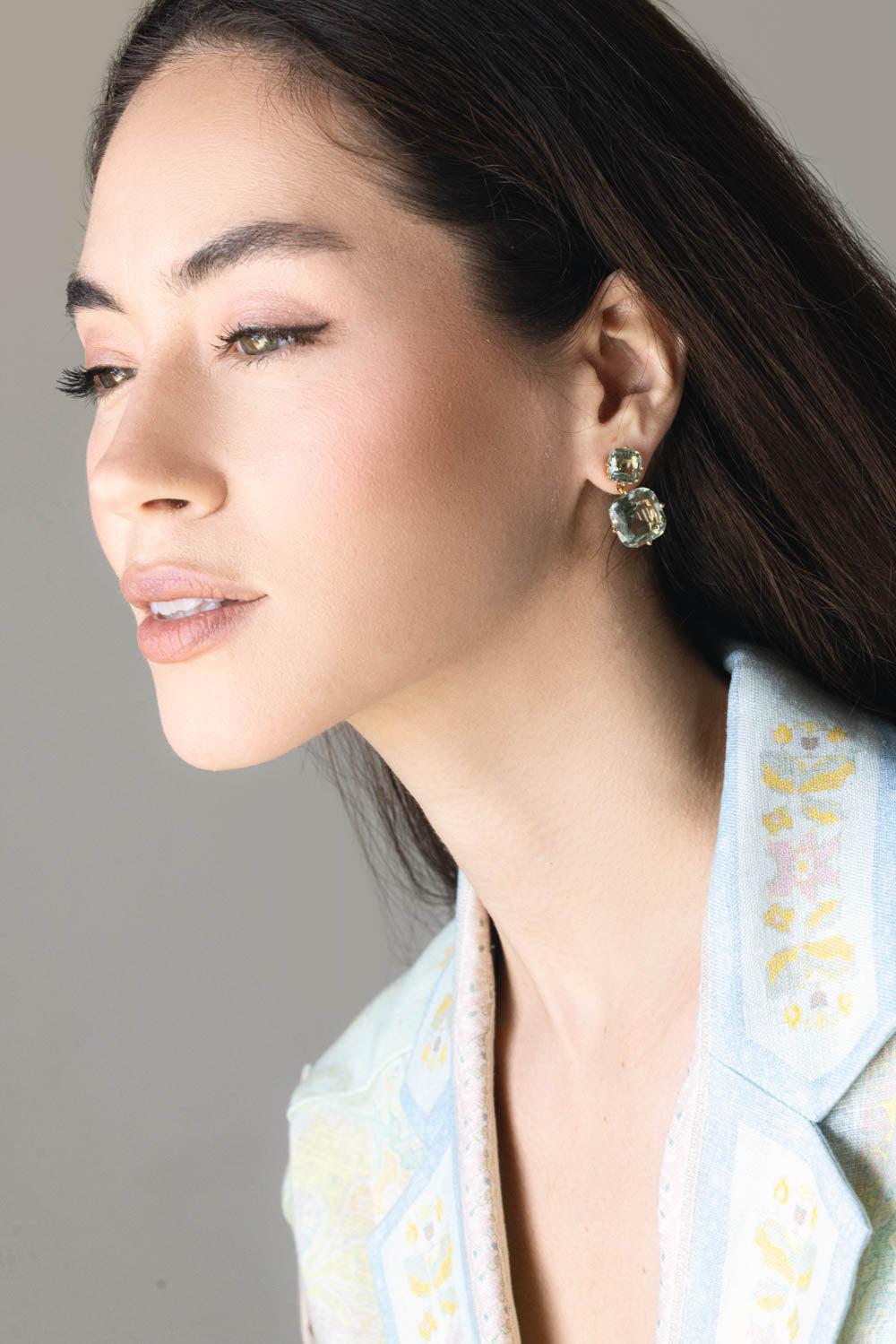 GOSHWARA-Gossip Prasiolite 2 Tier Cushion Earrings-YELLOW GOLD